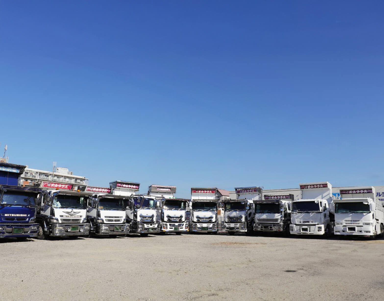 エムプラス所有の大型ダンプ車が横一列に整列している車両ヤードの風景